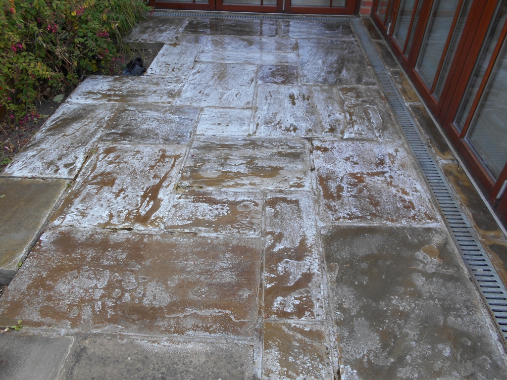 patio sandstone tiles that are reacting with mold killing chemical and going white