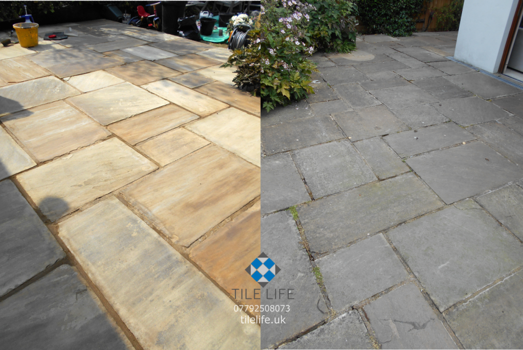 A nice sandstone patio that has been deep cleaned and sealed in Chiswick